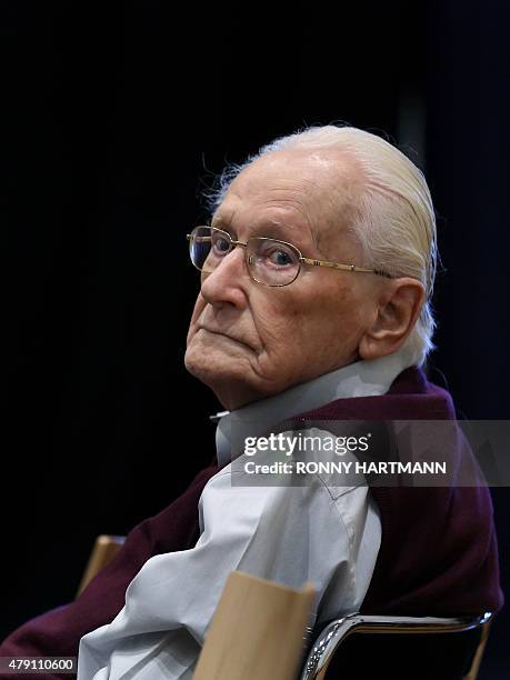 Defendant and German former SS officer Oskar Groening dubbed the "bookkeeper of Auschwitz", sits on July 1, 2015 at the courtroom at the...