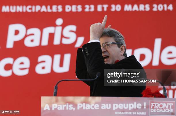 French left-wing party "Parti de Gauche" co-President Jean-Luc Melenchon delivers a speech during a campaign meeting on March 16, 2014 in Paris, to...