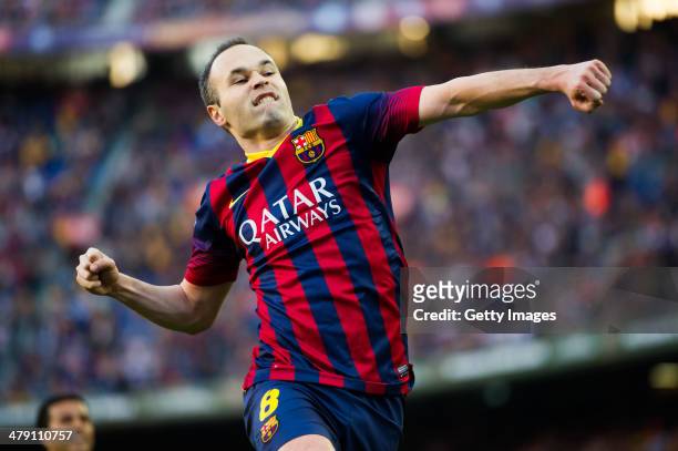 Andres Iniesta of FC Barcelona celebrates after scoring his team's third goal during the La Liga match between FC Barcelona and CA Osasuna at Camp...