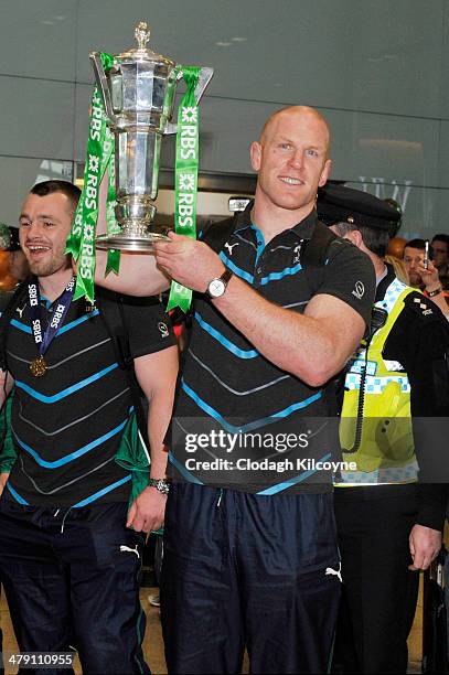 Paul O'Connell, captain of Ireland RBS Six Nations Rugby Championship winners 2014, arrives home at the Airport on March 16, 2014 in Dublin, Ireland.