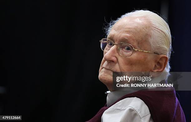 Defendant and German former SS officer Oskar Groening dubbed the "bookkeeper of Auschwitz", sits on July 1, 2015 at the courtroom at the...