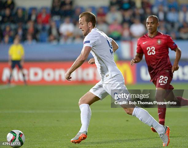 Harry Kane in action for England during the UEFA Under21 European Championship 2015 Group B match between England and Portugal at Mestsky Fotbalovy...