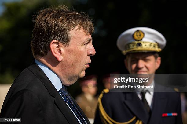 John Whittingdale , Secretary of State for Culture, Media and Sport, addresses members of the media in front of the Guards Memorial at Horse Guards...