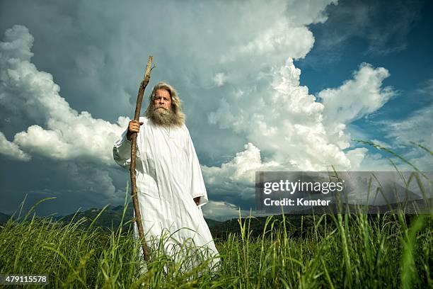 long-haired prophet standing in front of dramatic sky - senior man grey long hair stock pictures, royalty-free photos & images
