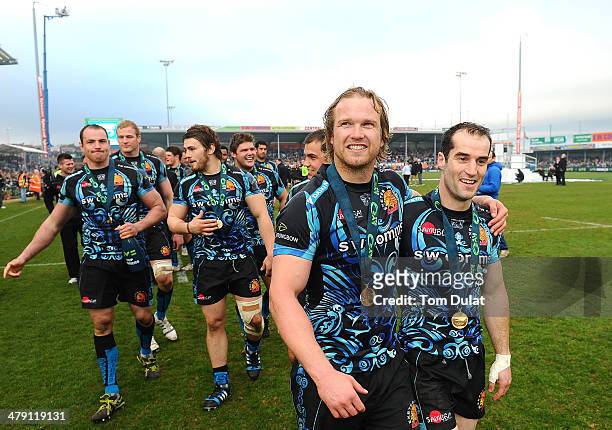 Haydn Thomas and Jason Shoemark of Exeter Chiefs celebrate after winning the LV= Cup Final match between Exeter Chiefs and Northampton Saints at...