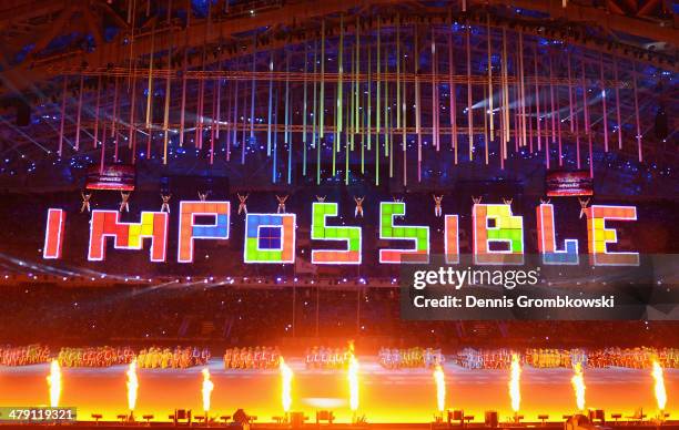 The word 'Impossible' is spelt using Tetris tiles during the Sochi 2014 Paralympic Winter Games Closing Ceremony at Fisht Olympic Stadium on March...