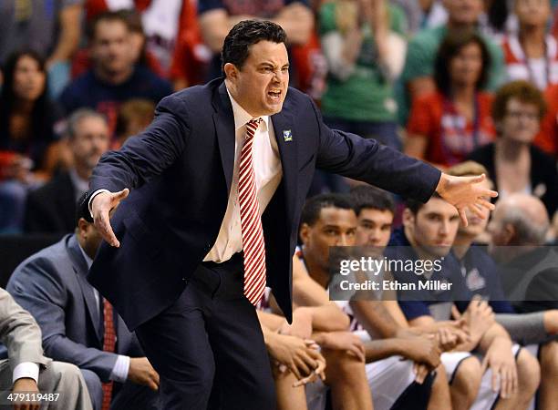 Head coach Sean Miller of the Arizona Wildcats yells to his players during the championship game of the Pac-12 Basketball Tournament against the UCLA...