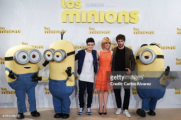 Spanish singer Abraham Mateo and Spanish actors Alexandra Jimenez and Quim Gutierrez attend "The Minions" photocall at the Hesperia Hotel on July 1,...