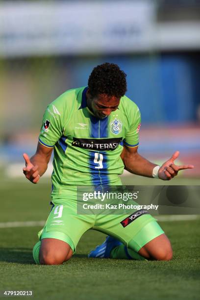 Wellington Luis de Souza of Shonan Bellmare celebrates scoring his team's first goal during the J.League second division match between Shonan...