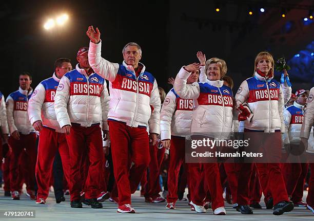 Russia team members enter the stadium prior to the Sochi 2014 Paralympic Winter Games Closing Ceremony at Fisht Olympic Stadium on March 16, 2014 in...