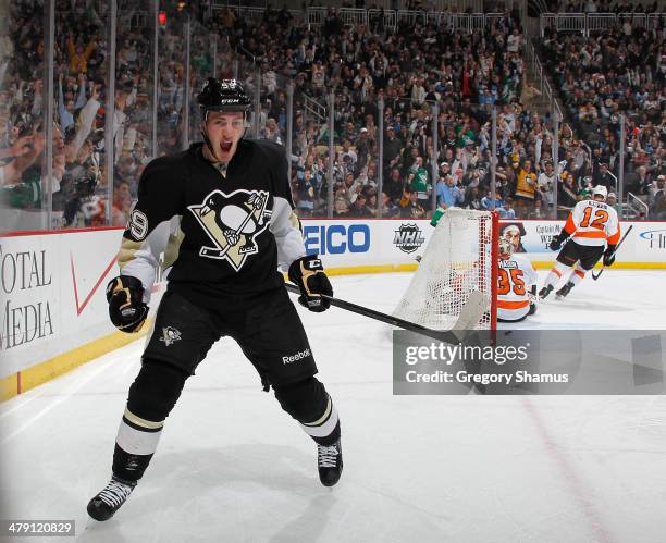 Jayson Megna of the Pittsburgh Penguins celebrates his goal during the second period against the Philadelphia Flyers on March 16, 2014 at Consol...