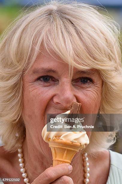 Camilla, Duchess of Cornwall eats an ice cream as she visits the Hampton Court Palace Flower Show at Hampton Court Palace on July 1, 2015 in London,...