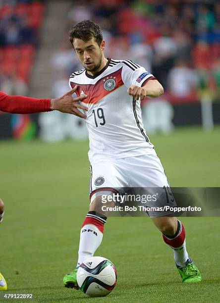 Amin Younes in action for Germany during the UEFA European Under-21 Group A match between Germany and Denmark at Eden Stadium on June 20, 2015 in...