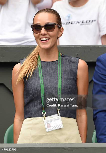 Jelena Djokovic attends the Novak Djokovic v Jarkko Nieminen match on day three of the Wimbledon Tennis Championships at Wimbledon on July 1, 2015 in...