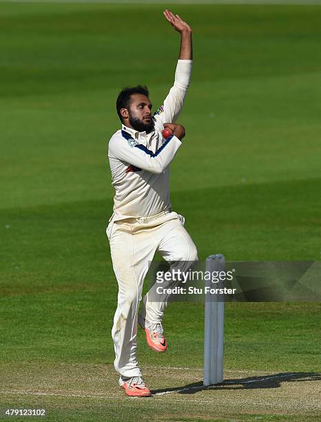 Yorkshire bowler Adil Rashid in action during day three of the LV County Championship Division One match between Durham and Yorkshire at Emirates...