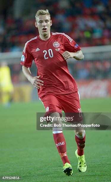 Nicolai Brock-Madsen in action for Denmark during the UEFA European Under-21 Group A match between Germany and Denmark at Eden Stadium on June 20,...