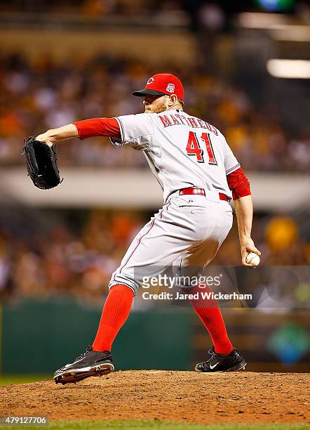 Ryan Mattheus of the Cincinnati Reds pitches against the Pittsburgh Pirates during the game at PNC Park on June 24, 2015 in Pittsburgh, Pennsylvania.