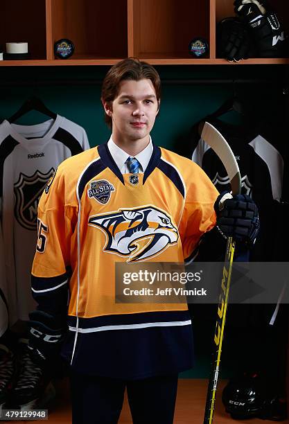 Thomas Novak poses for a portrait after being selected 85th by the Nashville Predators during the 2015 NHL Draft at BB&T Center on June 27, 2015 in...