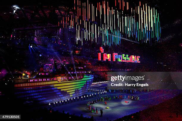 General view during the finale of the Closing Ceremony of the 2014 Paralympic Winter Games at Fisht Olympic Stadium on March 16, 2014 in Sochi,...