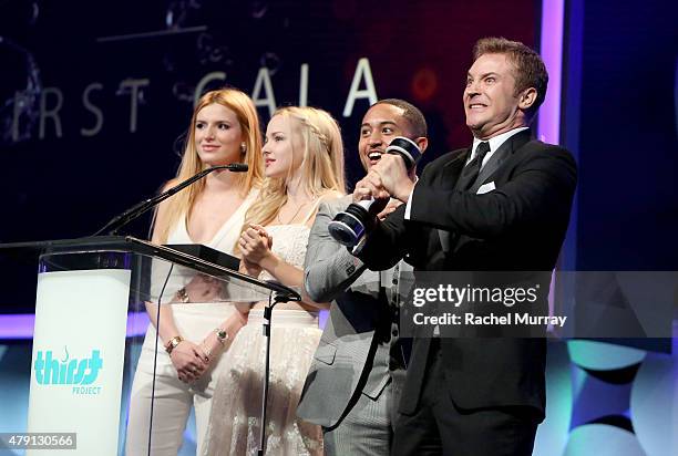 A Actors Bella Thorne, Dove Cameron, Tahj Mowry and Michael Welch speak onstage during the 6th Annual Thirst Gala at The Beverly Hilton Hotel on June...