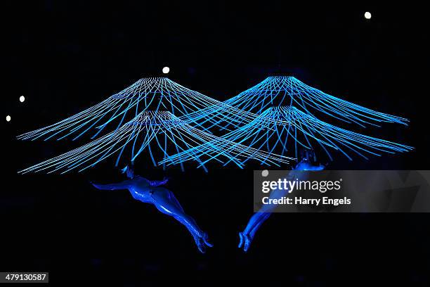 Aerial performers in action during the Closing Ceremony of the 2014 Paralympic Winter Games at Fisht Olympic Stadium on March 16, 2014 in Sochi,...