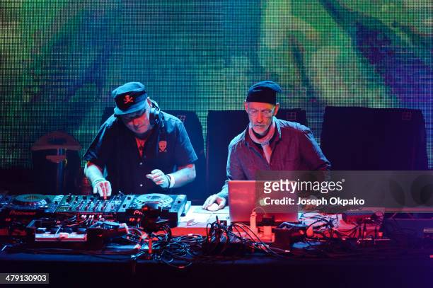 Alex Paterson and Thomas Fehlmann of The Orb perform on stage at Electric Brixton on March 15, 2014 in London, United Kingdom.