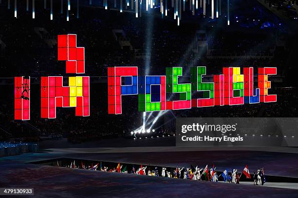 The flagbearers walk out during the Closing Ceremony of the 2014 Paralympic Winter Games at Fisht Olympic Stadium on March 16, 2014 in Sochi, Russia.