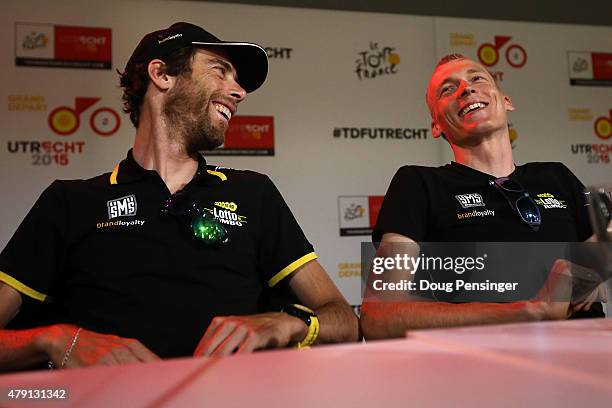 Laurens Ten Dam and Robert Gesink of the Netherlands riding for Team LottoNL-Jumbo prepare to address the media during a press conference ahead of...