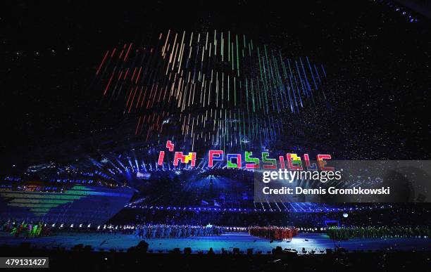 The words 'I'm Possible' are spelt using Tetris tiles during the Sochi 2014 Paralympic Winter Games Closing Ceremony at Fisht Olympic Stadium on...