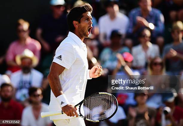 Fernando Verdasco of Spain celebrates winning in his Gentlemens Singles Second Round match against Dominic Thiem of Austria during day three of the...