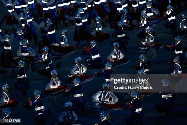 Cossack dancers perform during the finale of the Closing Ceremony of the 2014 Paralympic Winter Games at Fisht Olympic Stadium on March 16, 2014 in...