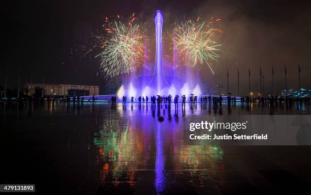 Fireworks explode after the Closing Ceremony of the 2014 Paralympic Winter Games on March 16, 2014 in Sochi, Russia.