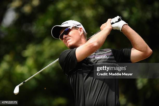 John Senden of Australia hits a tee shot on the 3rd hole during the final round of the Valspar Championship at Innisbrook Resort and Golf Club on...