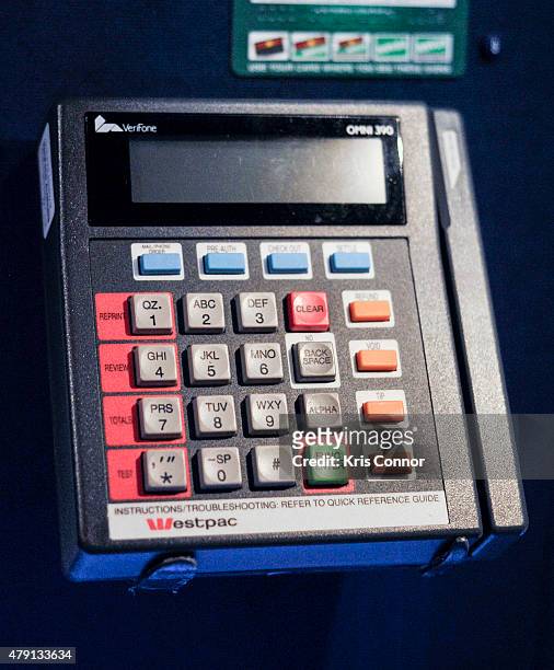Verifone Credit Card Reader is on display during the grand opening of National Museum Of American History's Innovation Wing at the National Museum Of...