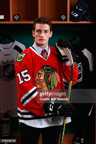 Dennis Gilbert, draft pick by the Chicago Blackhawks poses for a portrait during the 2015 NHL Draft at BB&T Center on June 27, 2015 in Sunrise,...