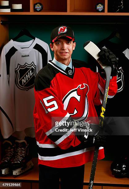 Brett Seney poses for a portrait after being selected 157th overall by the New Jersey Devils during the 2015 NHL Draft at BB&T Center on June 27,...