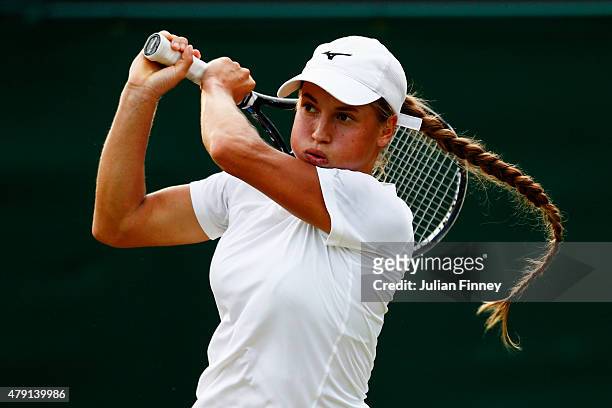 Yulia Putintseva of Kazakhstan returns a shot in her Ladies Singles Second Round match against Venus Williams of the United States during day three...