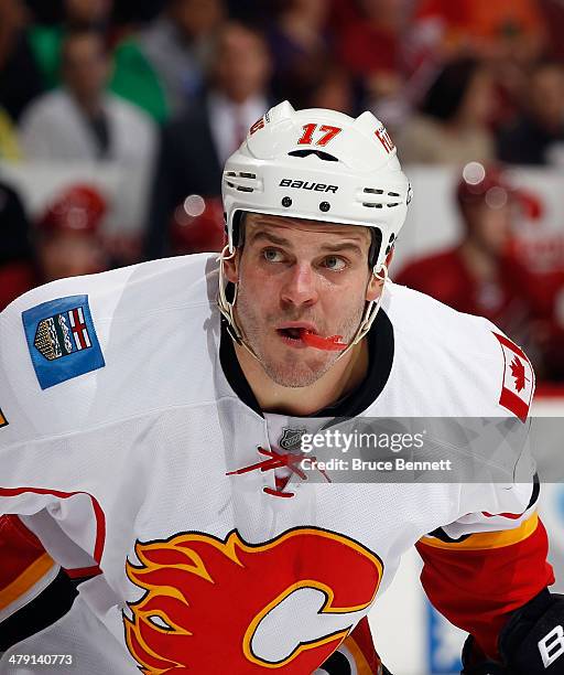 Lance Bouma of the Calgary Flames skates against the Phoenix Coyotes at the Jobing.com Arena on March 15, 2014 in Glendale, Arizona. The Coyotes...