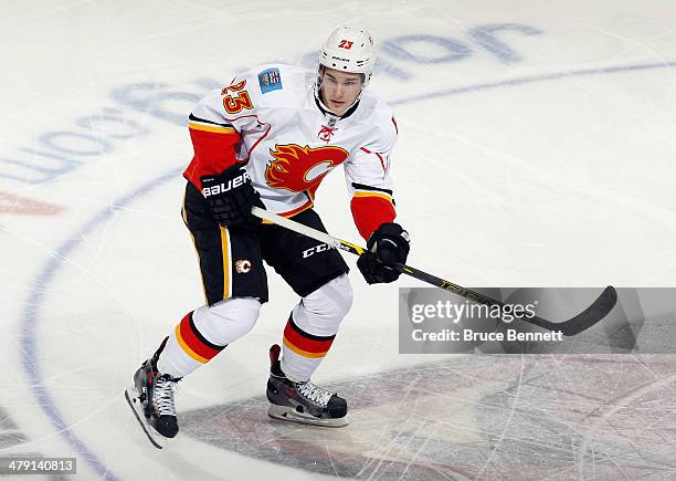 Sean Monahan of the Calgary Flames skates against the Phoenix Coyotes at the Jobing.com Arena on March 15, 2014 in Glendale, Arizona. The Coyotes...