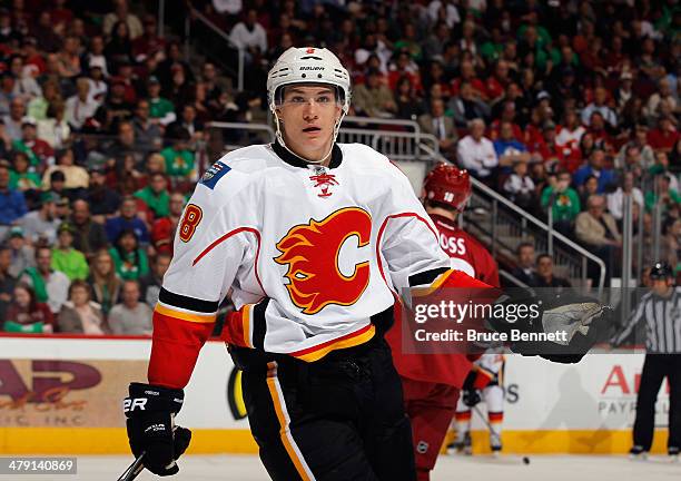 Joe Colborne of the Calgary Flames skates against the Phoenix Coyotes at the Jobing.com Arena on March 15, 2014 in Glendale, Arizona. The Coyotes...