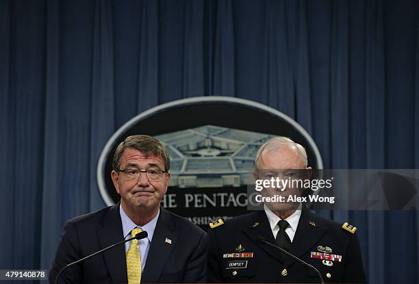 Secretary of Defense Ashton Carter and Chairman of the Joint Chief of Staff Gen. Martin Dempsey participate in a news conference July 1, 2015 at the...