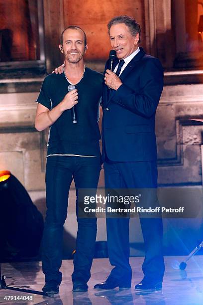 Singer Calogero and Presenter of the show Michel Drucker attend the 'Une Nuit avec la Police et la Gendarmerie' : France 2 TV Show. Held at Ministere...
