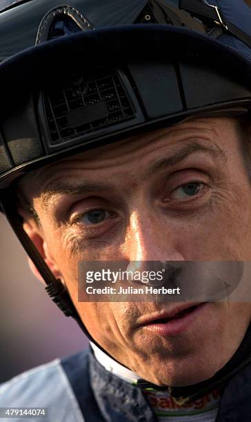 Jockey Shane Kelly before he rides in the 19.45; The 32Red Casino Handicap Stakes Race run at Kempton Park Racecourse on July 1, 2015 in Sunbury,...
