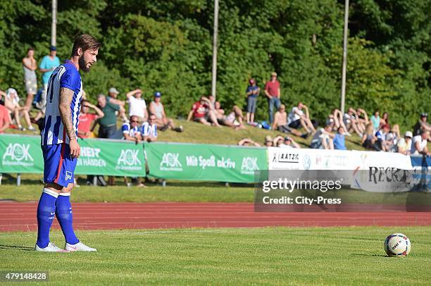 Marvin Plattenhardt of Hertha BSC shoots einen free-kick during the game between dem 1. FC Luebars and Hertha BSC on July 1, 2015 in Berlin, Germany.