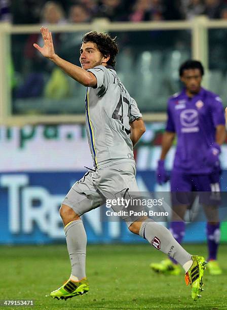 Alberto Paloschi of AC Chievo Verona celebrates after scoring the team's first goal during the Serie A match between ACF Fiorentina and AC Chievo...