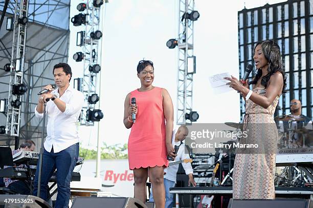 Personalities Toure, Joy Reid, and Danielle Knox speak onstage during Day 2 of Jazz In The Gardens at Sun Life Stadium on March 16, 2014 in Miami...