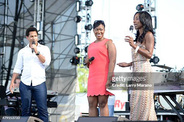 Personalities Toure, Joy Reid, and Danielle Knox speak onstage during Day 2 of Jazz In The Gardens at Sun Life Stadium on March 16, 2014 in Miami...