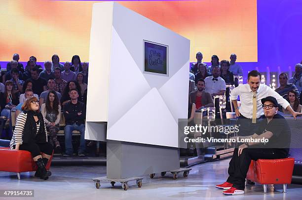 Maria Di Biase, Nicola Savino and Corrado Nuzzo attend at 'Quelli Che Il Calcio' TV Show on March 16, 2014 in Milan, Italy.