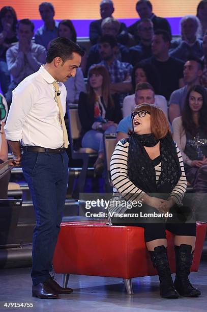 Nicola Savino and Maria Di Biase attend at 'Quelli Che Il Calcio' TV Show on March 16, 2014 in Milan, Italy.