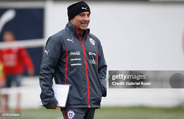 Jorge Sampaoli, coach of Chile, smiles during a training session at Juan Pinto Duran on July 01, 2015 in Santiago, Chile. Chile will face Argentina...